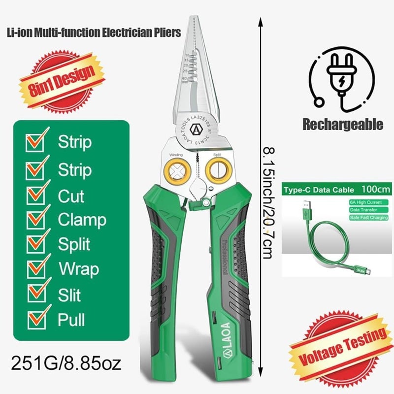 LAOA 8 in 1 Wire Stripper with Voltage Tester - Upgraded Rechargeable Wire Crimper, with Alarm & Flash Detects 12V-250V AC/DC (Non-Rectified DC) for Strip, Cut, Crimp, Split, Wrap, Slit, Pull - Image 2
